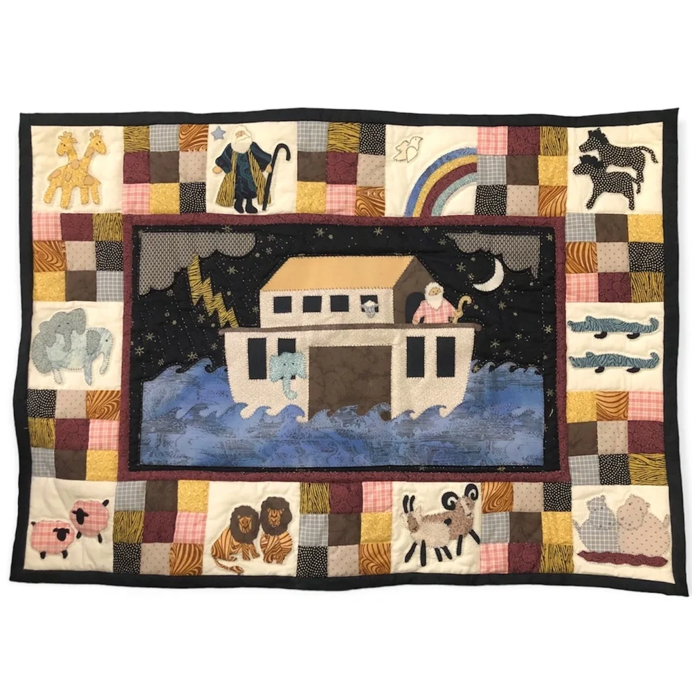 Vintage 90’s Hand Stitched Noah’s Ark Tapestry Wall Hanging Signed